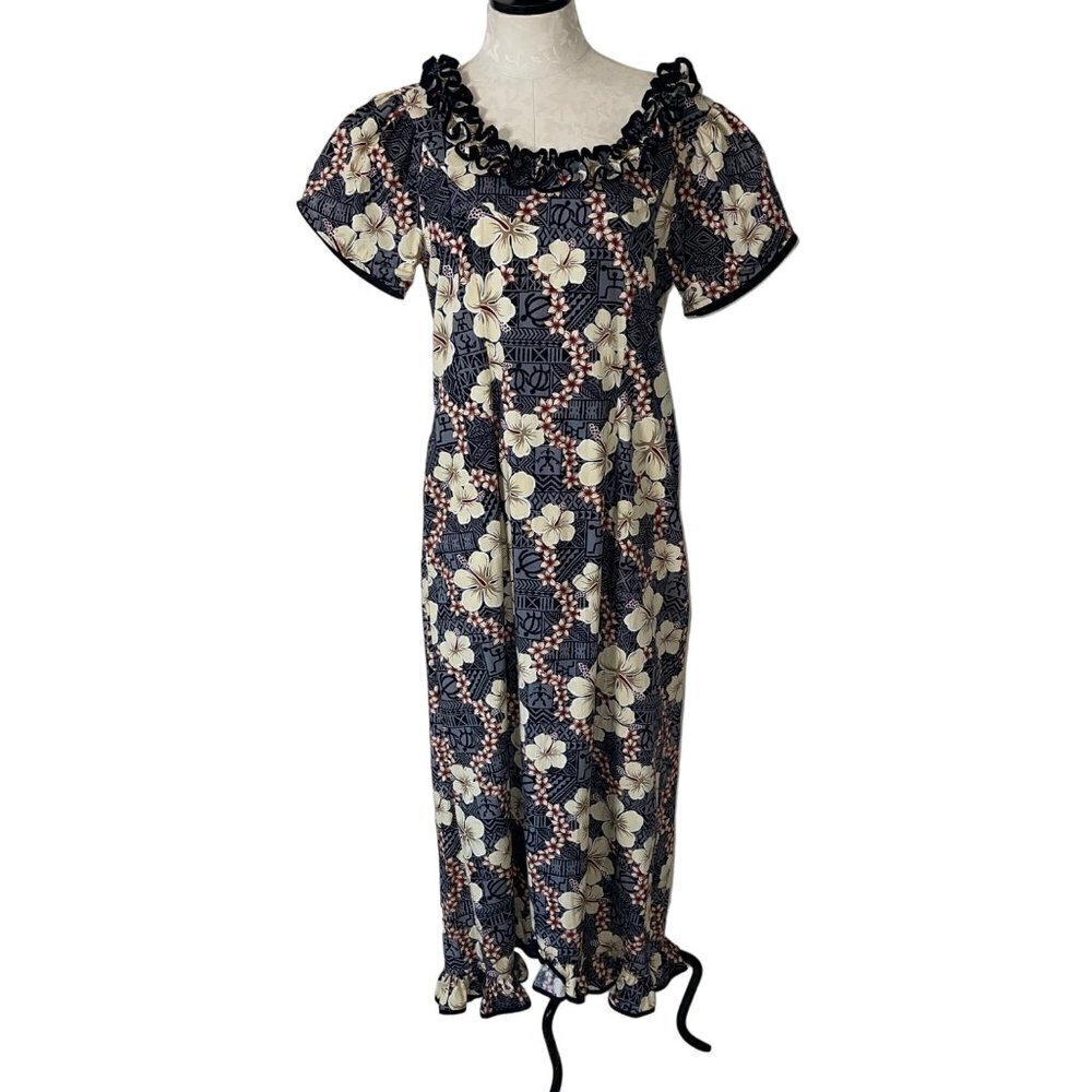 Island Attitudes Womens Vintage Maxi Dress Size Medium Black Ruffle Trim Cotton